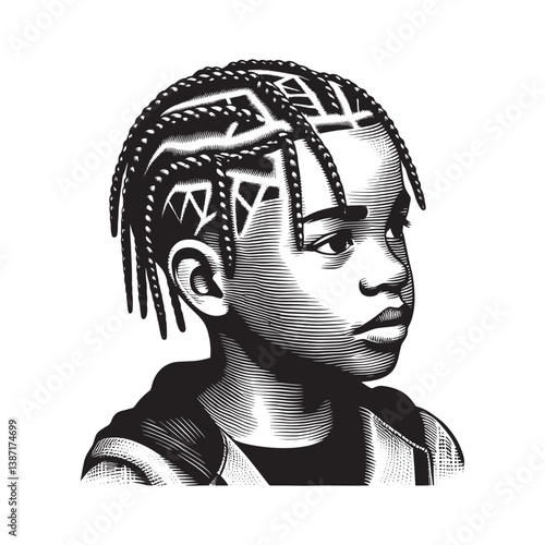 Artistic depiction of a young person with intricate micro braids hairstyle