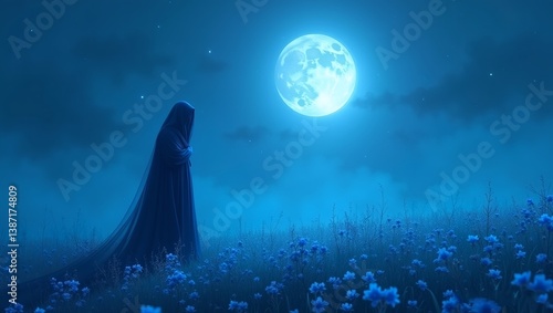 hauntingly beautiful digital painting a ghost wearing a cloak standing in a lush blue flower field the blue glow of a full moon balance between life and death