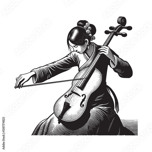 Artistic rendition of a woman playing a cello with elegant posture and style