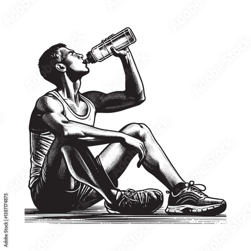 Athletic man replenishing fluids after workout in detailed woodcut style