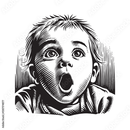 Astonished infant expression in a realistic woodcut illustration style
