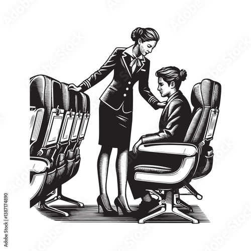 Attentive flight attendant caring for passenger on long airplane flight
