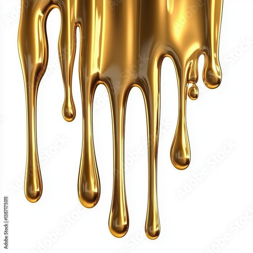 Shiny Golden Liquid Dripping Down with Smooth Texture Against a Bright Background
