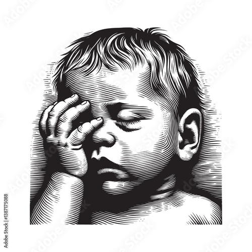 Black and white woodcut illustration of a sleepy baby rubbing eyes