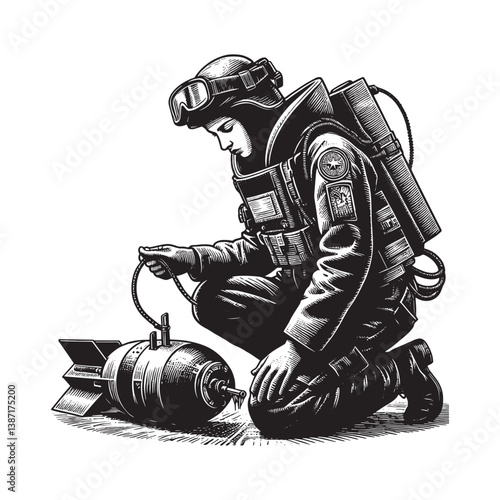 Brave technician painstakingly defusing a bomb illustration in a vintage style