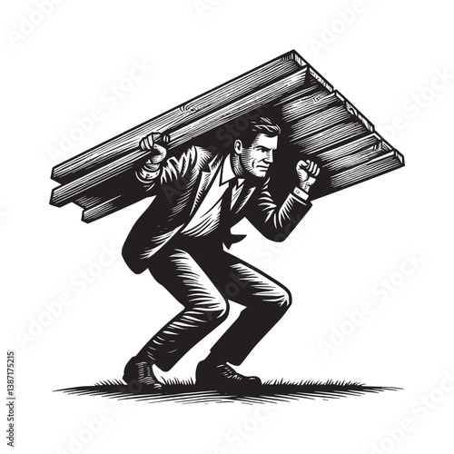 Businessman under wooden shield in realistic woodcut style illustration