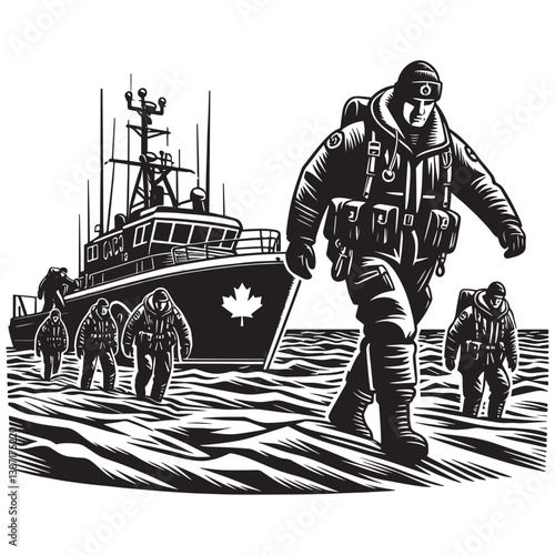 Canadian Arctic Search Team Leading a Rescue Mission Detailed Woodcut Art