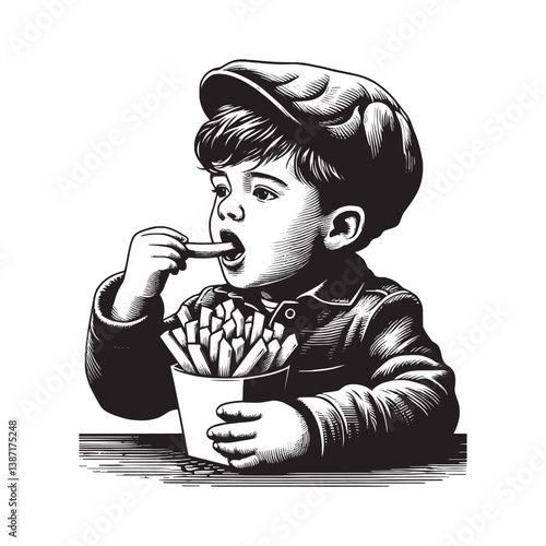 Captivating illustration of a child enjoying french fries with artistic flair