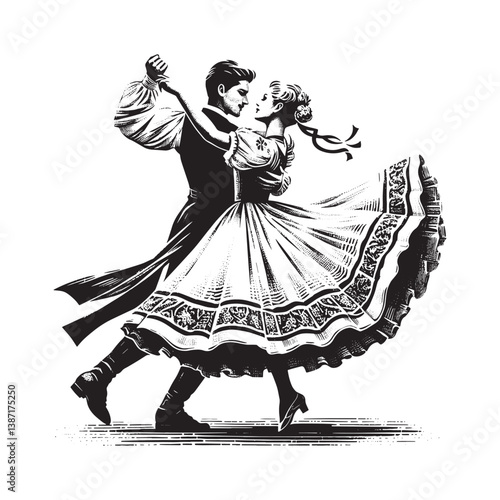Captivating couple in a Hungarian csárdás dance rendered in vintage woodcut style