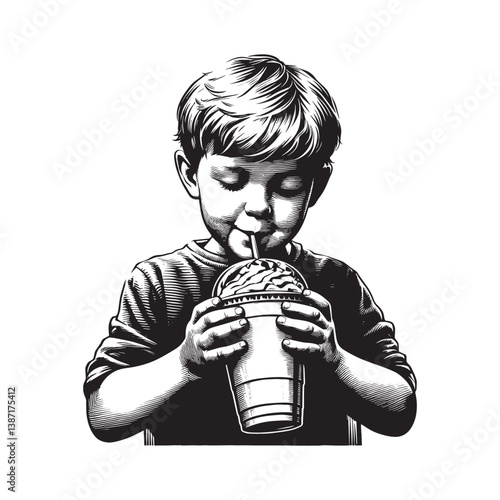 Captivating woodcut illustration of a young boy delighting in a frosty milkshake