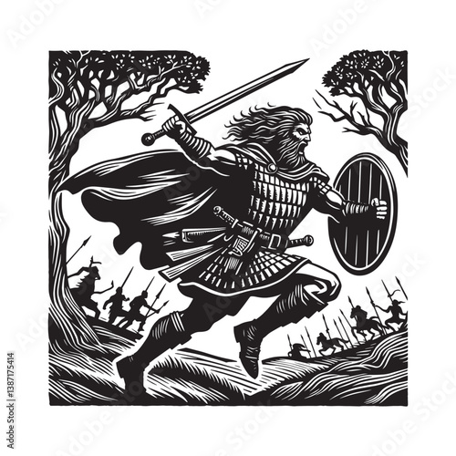 Celtic warrior charges fiercely in detailed traditional woodcut artwork