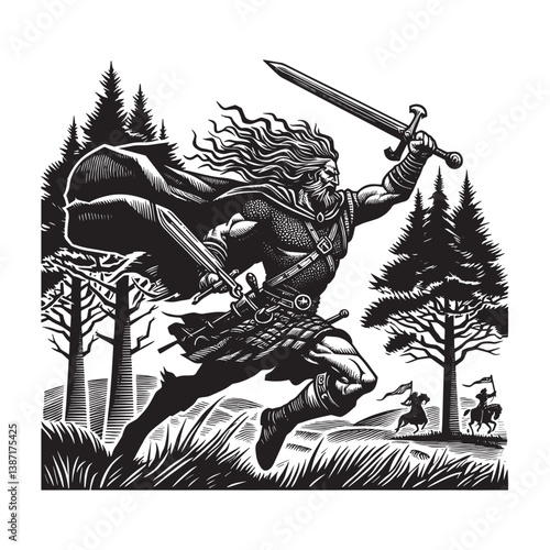 Celt warrior charging through a forest with his sword, a black and white illustration