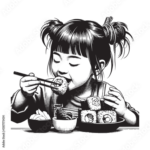 Captivating woodcut style depiction of a girl enjoying sushi with chopsticks