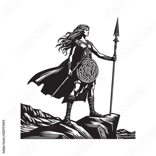 Celtic warrior woman on rocky cliff with spear in traditional woodcut style