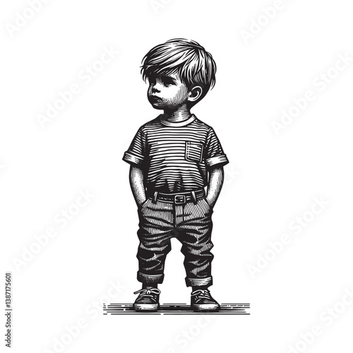 Charming illustration of a boy with striped shirt in woodcut style