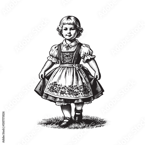 Charming woodcut illustration of a child in traditional Dirndl attire