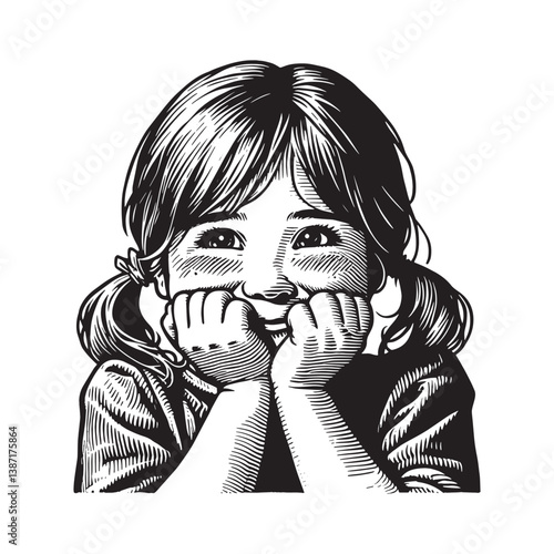 Charming woodcut illustration of a young girl exhibiting shy smiling expression