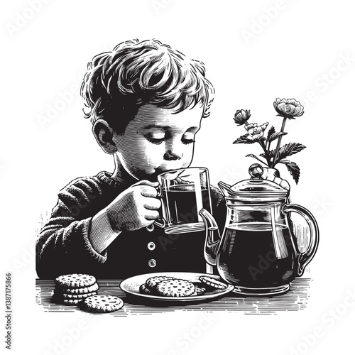 Charming woodcut illustration of a young boy enjoying tea and biscuits