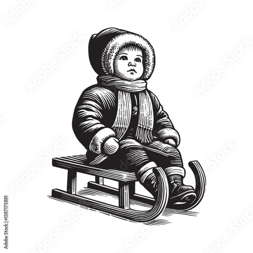 Charming woodcut of a child bundled warmly on a classic wooden sled ride