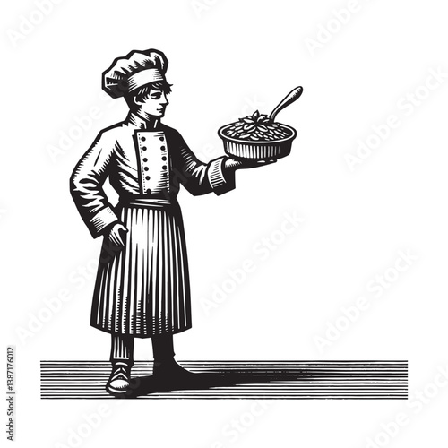 Chef presents minuscule portion in detailed vintage woodcut style illustration