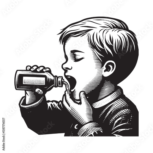 Child gargling with liquid in realistic woodcut drawing illustration
