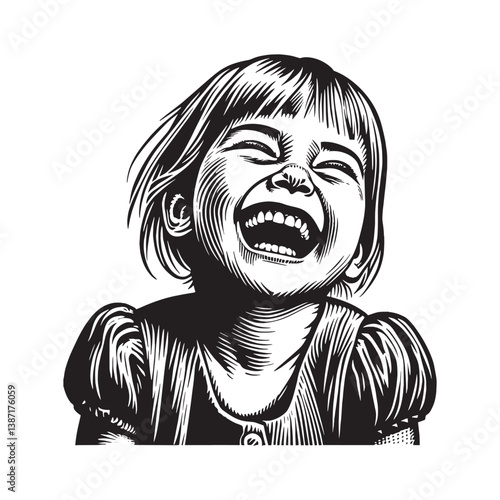 Cheerful laughter of a young girl captured in detailed monochrome illustration