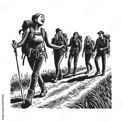 Cheerful camaraderie on a scenic hike exploring the wilderness trails together