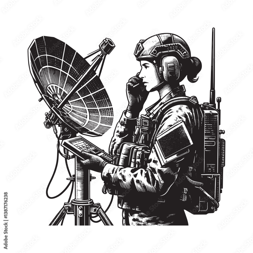Obraz premium Communications Officer with Satellite and Radio Gear in Detailed Woodcut Style