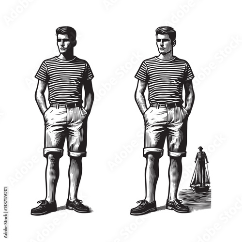 Classic maritime style rendered in detailed vintage woodcut drawing technique