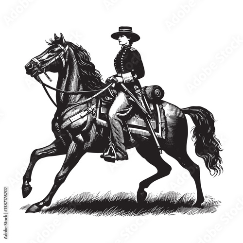 Civil War cavalrywoman rides spirited steed in vintage woodcut style image