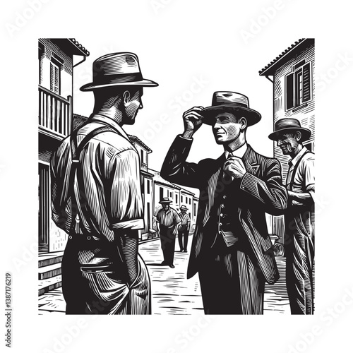 Classic monochrome illustration of men in hats conversing in a vintage street scene