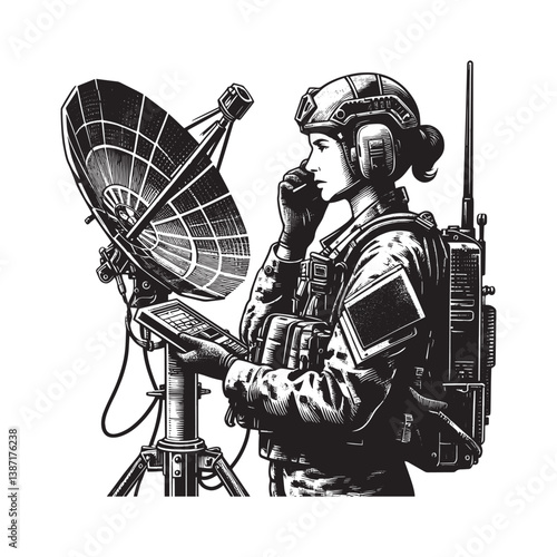 Communications Officer with Satellite and Radio Gear in Detailed Woodcut Style