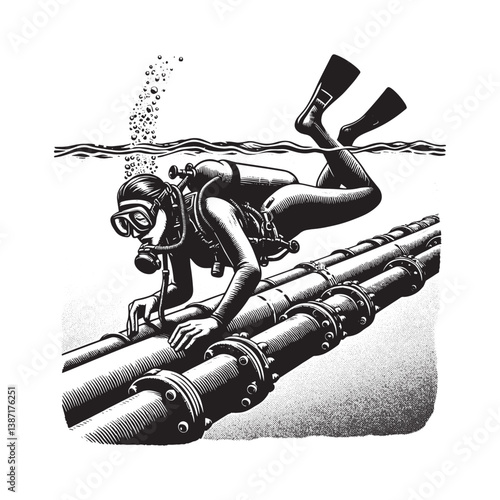 Commercial diver meticulously working on underwater pipelines in monochrome style