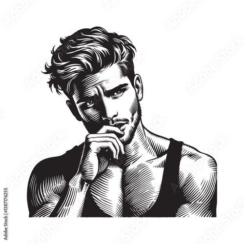 Contemplative man with hand on chin in a vintage engraving style portrait