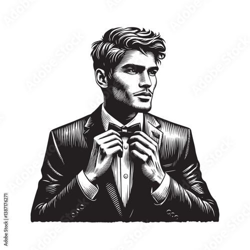 Contemplative Gentleman Adjusting Bowtie in Woodcut Style Black and White