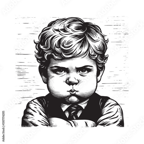 Contemplative child with inflated cheeks in detailed monochromatic illustration