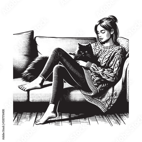 Cozy evening illustration of a woman and her cat relaxing on a couch in monochrome style