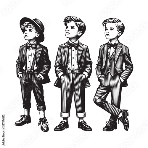Dapper young lads showcasing vintage fashion through woodcut illustration