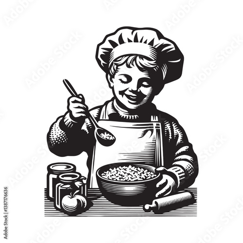 Delightful Culinary Creation a Young Chef in Woodcut Style Kitchen Scene