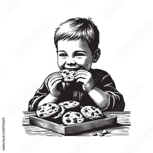 Delighted child enjoying homemade chocolate chip cookies in woodcut illustration