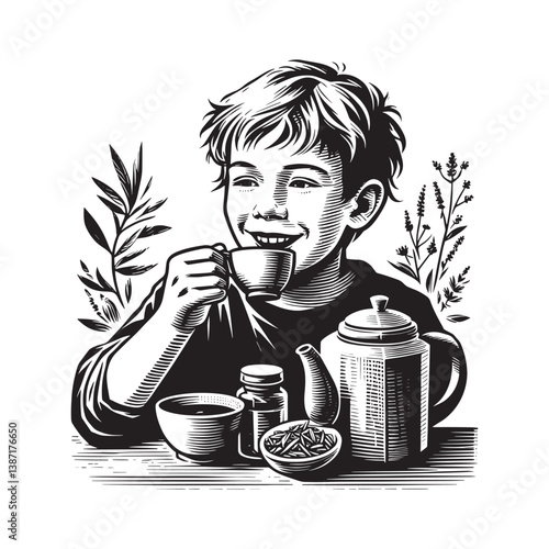 Delighted child savors herbal infusion in monochrome vintage woodcut art style