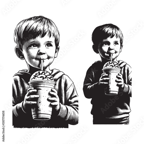 Delightful Duo Little Boys Enjoying Delicious Vanilla Bean Shakes Black and White Illustration