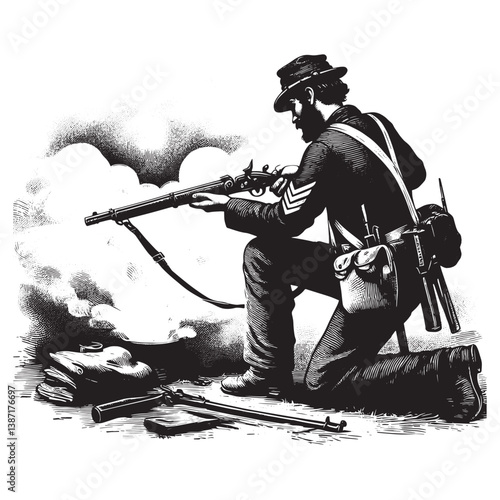 Detailed drawing of a kneeling soldier firing a rifle in battle scene