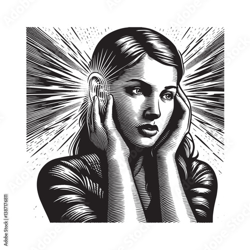 Distressed woman experiencing auditory hallucinations, expressed artistically
