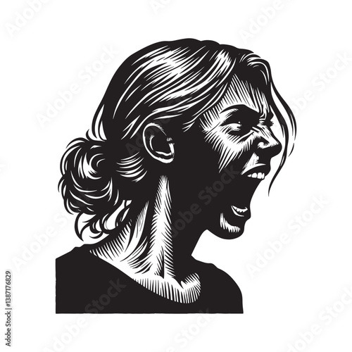 Distressed woman shouting with anger depicted in woodcut drawing style
