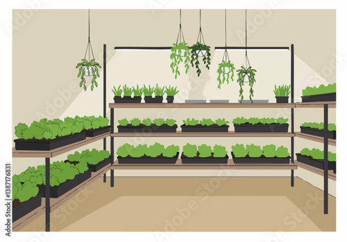 A bright, modern indoor greenhouse showcases lush greenery on tiered shelves. Hanging plants add visual interest. Ideal for food, gardening, or sustainable living concepts.
