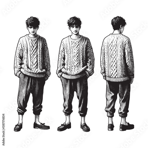 Detailed monochrome woodcut illustration showcasing a young man in casual fashion