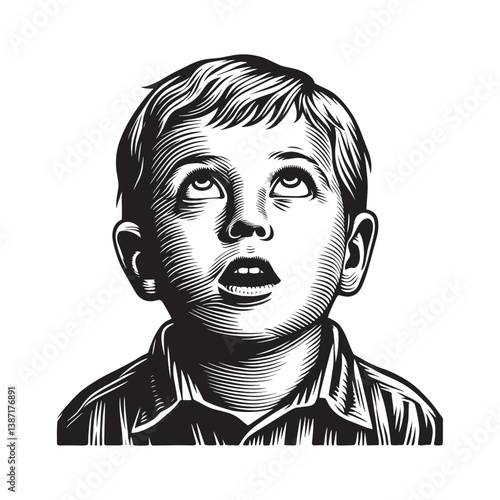 Dramatic Woodcut Portrait of a Young Boy with Expressive Gaze Upward