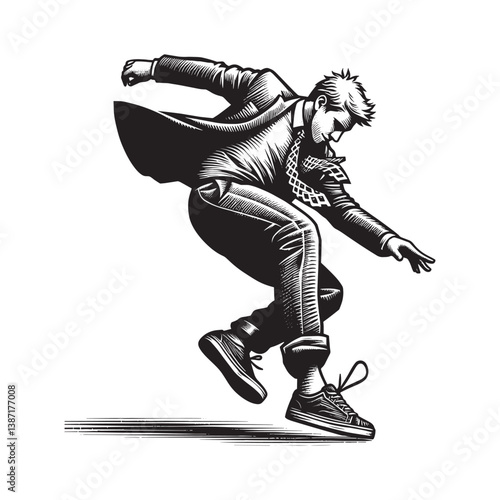Dynamic monochrome illustration of a man in motion mid-shuffle step