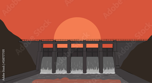 A dam stands silhouetted against a vibrant sunset. The scene evokes power, nature, and a sense of calm. Ideal for landscapes and industrial themes.